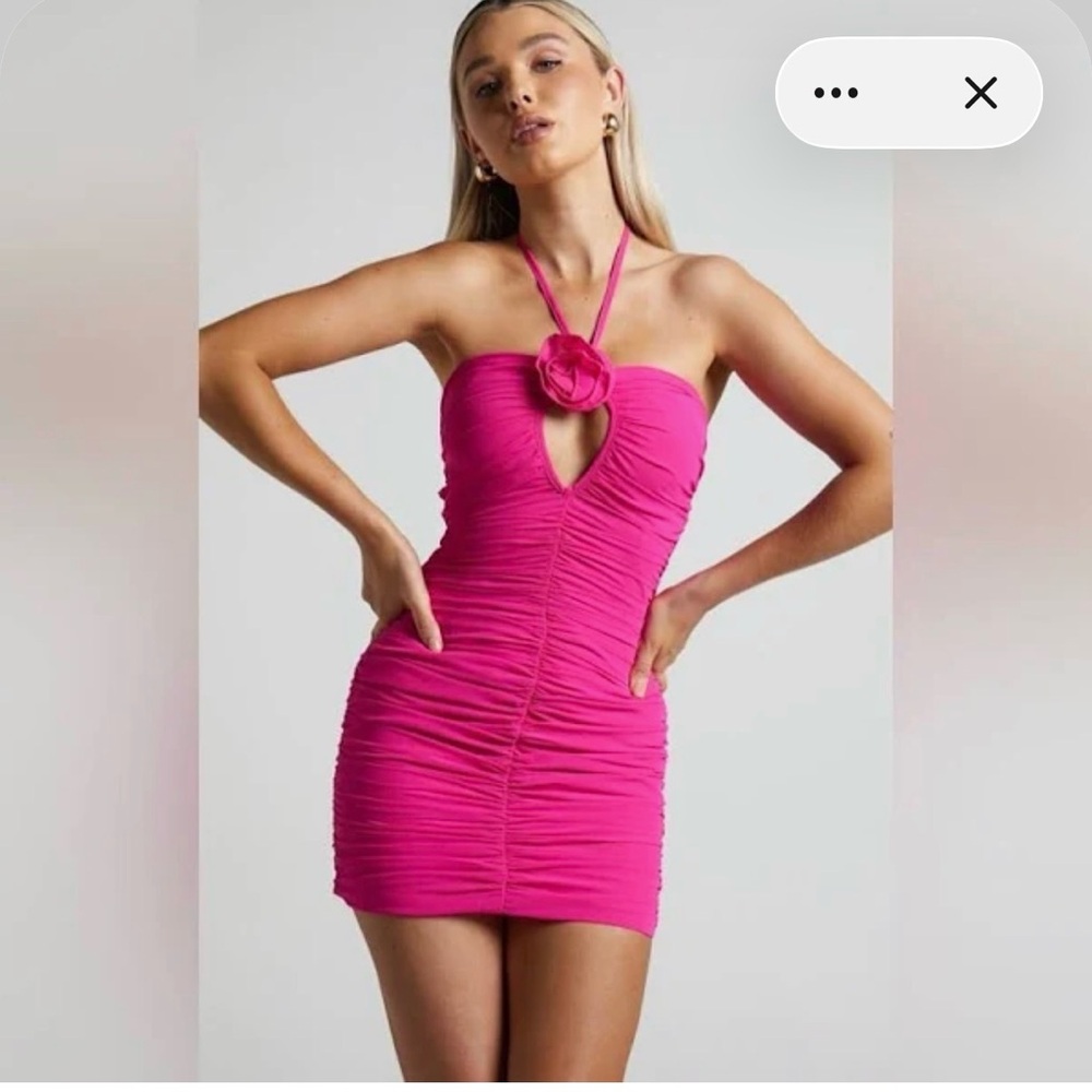 Hot Pink Halter Mini Dress with Rosette Detail